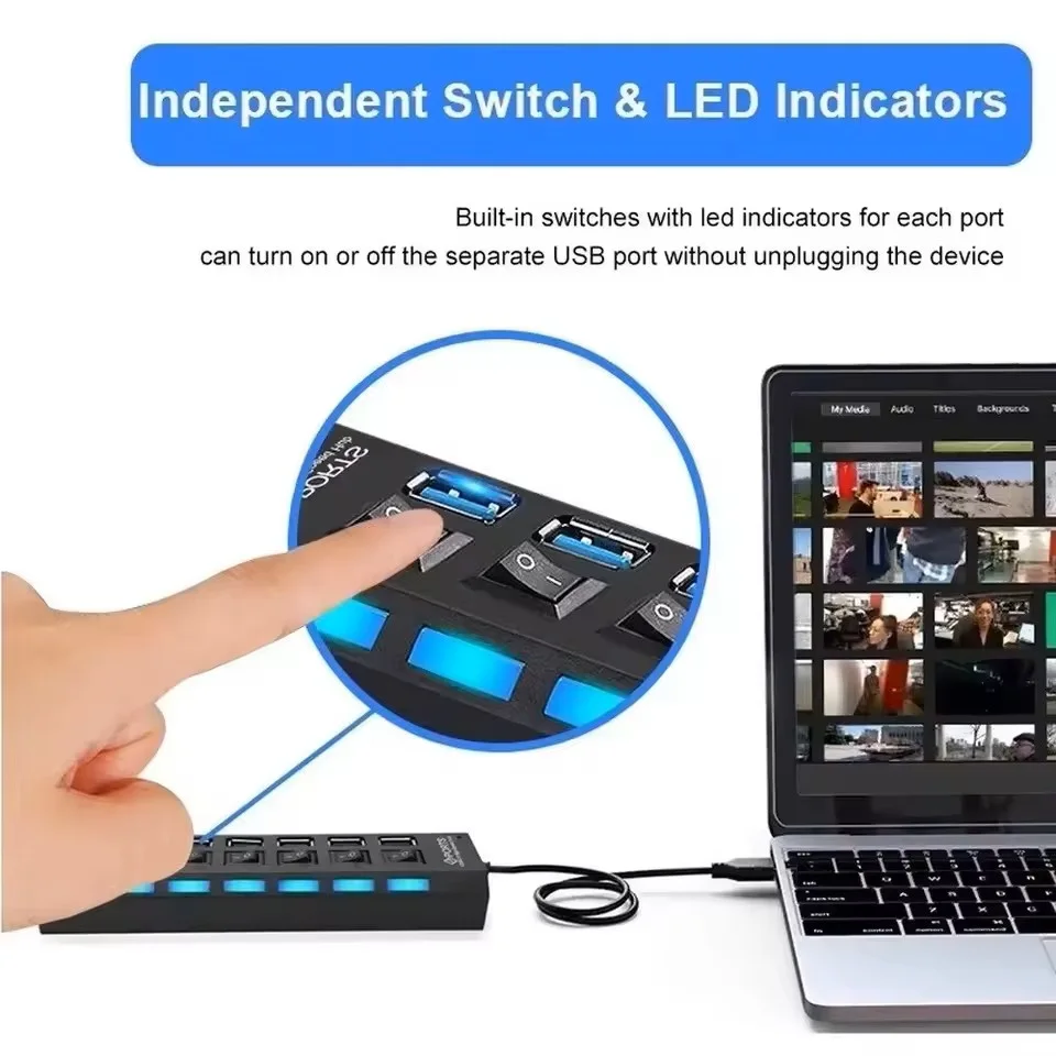 موزع USB 2.0 بـ 4 منافذ مع أزرار تشغيل LED – USB Hub عالي السرعة للكمبيوتر واللابتوب
