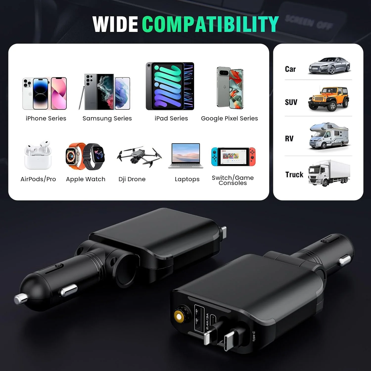 شاحن سيارة سريع 120 واط 4 في 1 مع كابلات قابلة للسحب وإضاءة LED – USB وUSB-C متوافق مع iPhone وAndroid