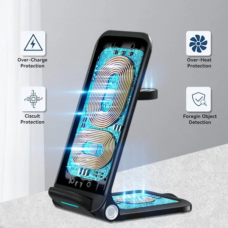 Desktop 3-in-1 Foldable Wireless Charger with PD 10W Fast Charging 5V/1A & 9V/2A Output Type-C Port OTP/OVP Protection Universal Compatibility