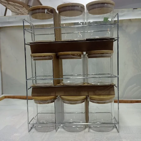 Boites épices formée de 9 pièces en verre et bois
