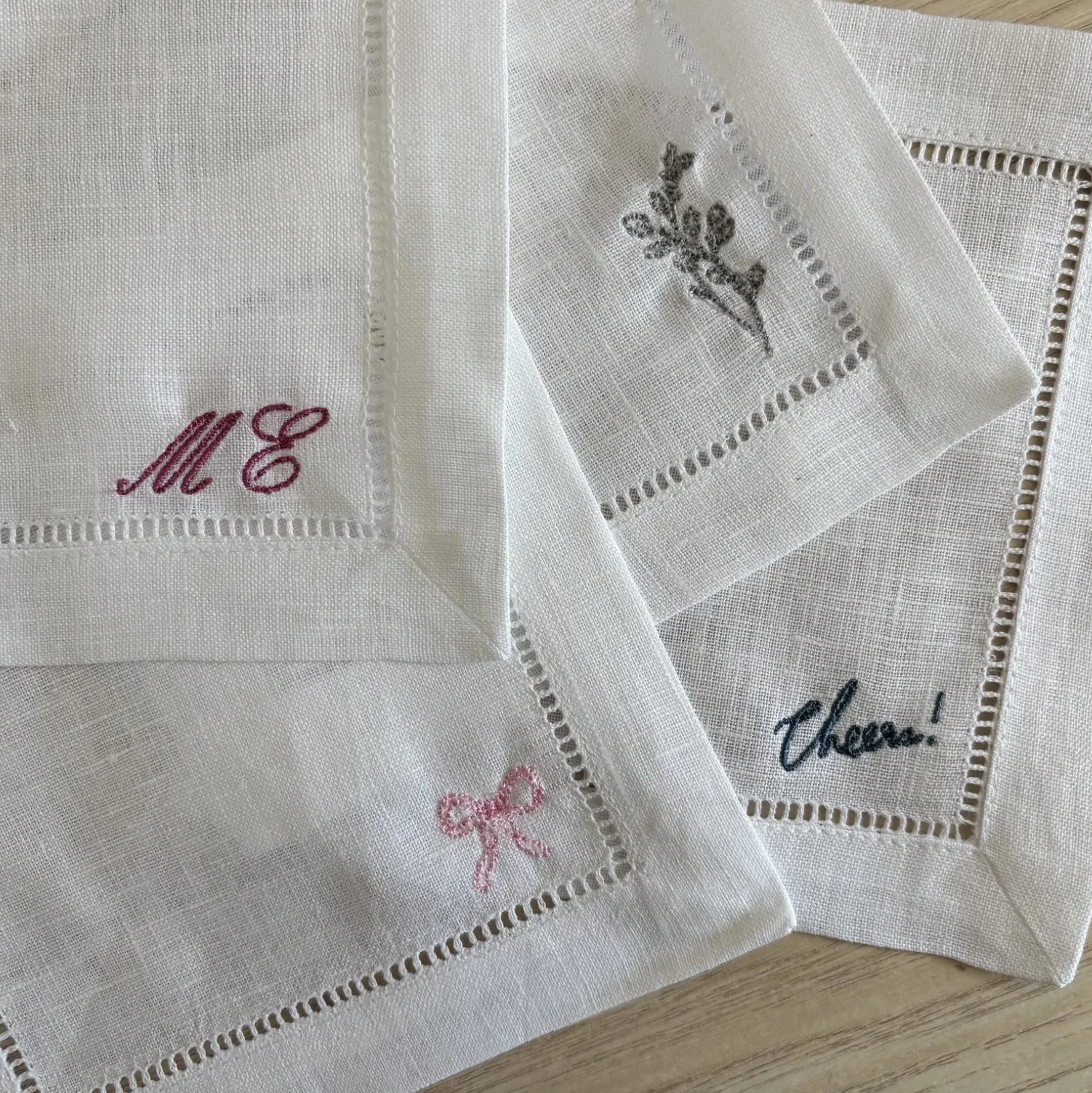 Personalized Embroidered Linen Cocktail Napkin Set – Custom Monogrammed Coasters (Set of 4)
