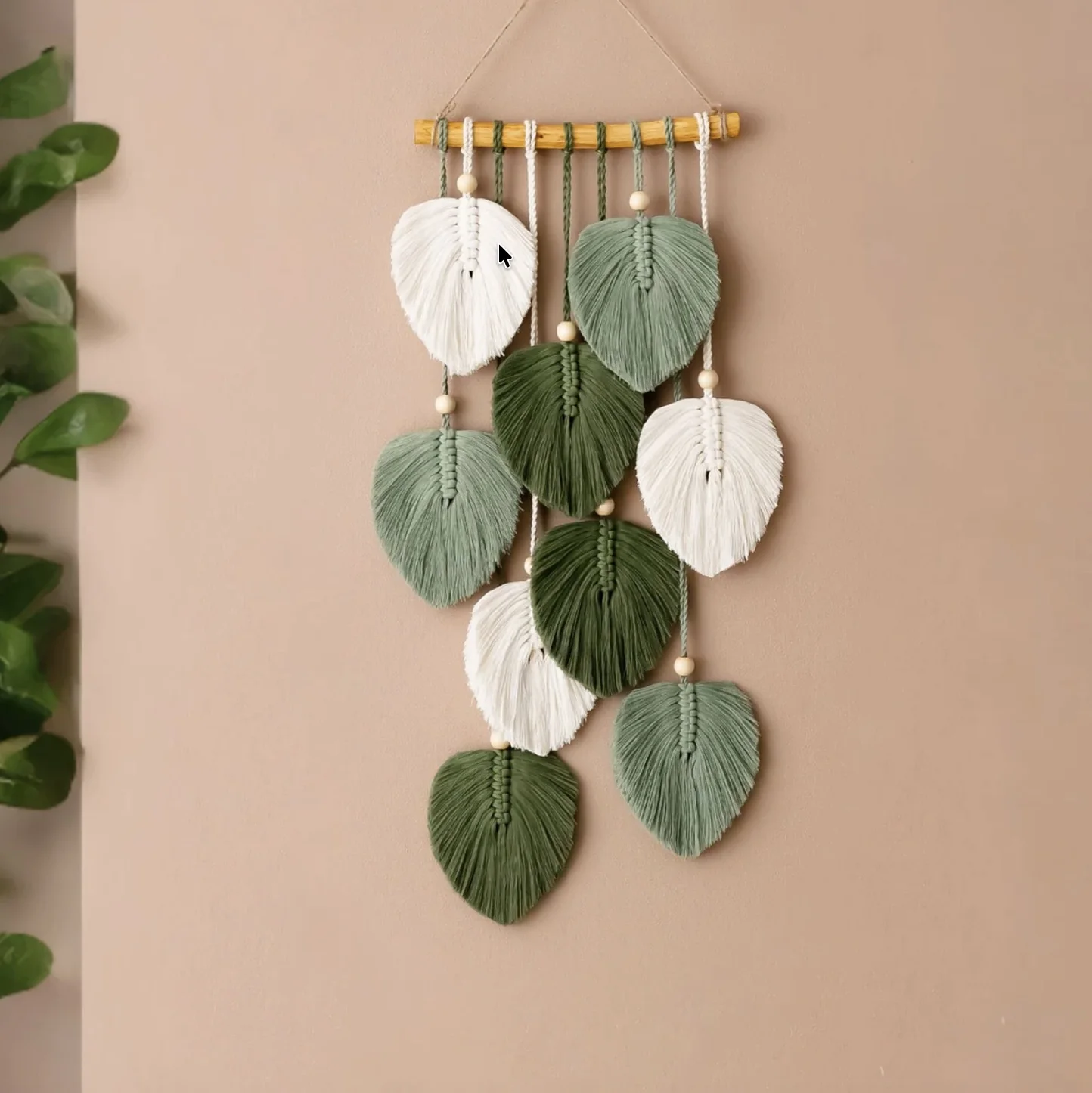 Boho Macrame Leaves Wall Hanging — Driftwood & Cotton Leaf Decor