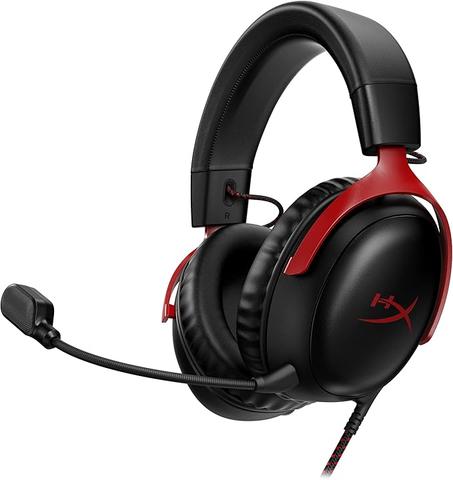 سماعة رأس سلكية للألعاب HyperX Cloud III، كمبيوتر شخصي، PS5، Xbox Series XS، مشغلات بزاوية 53 مم، DTS، إسفنج ميموري، إطار متين، ميكروفون فائق الوضوح 10 مم، USB-C، USB-A، 3.5 مم، أسود/أحمر الع