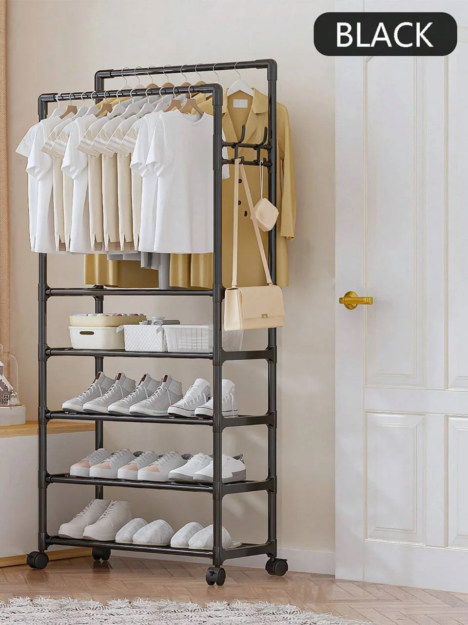Portant à Vêtements Multifonction avec Étagères – Mobile & Grande Capacité