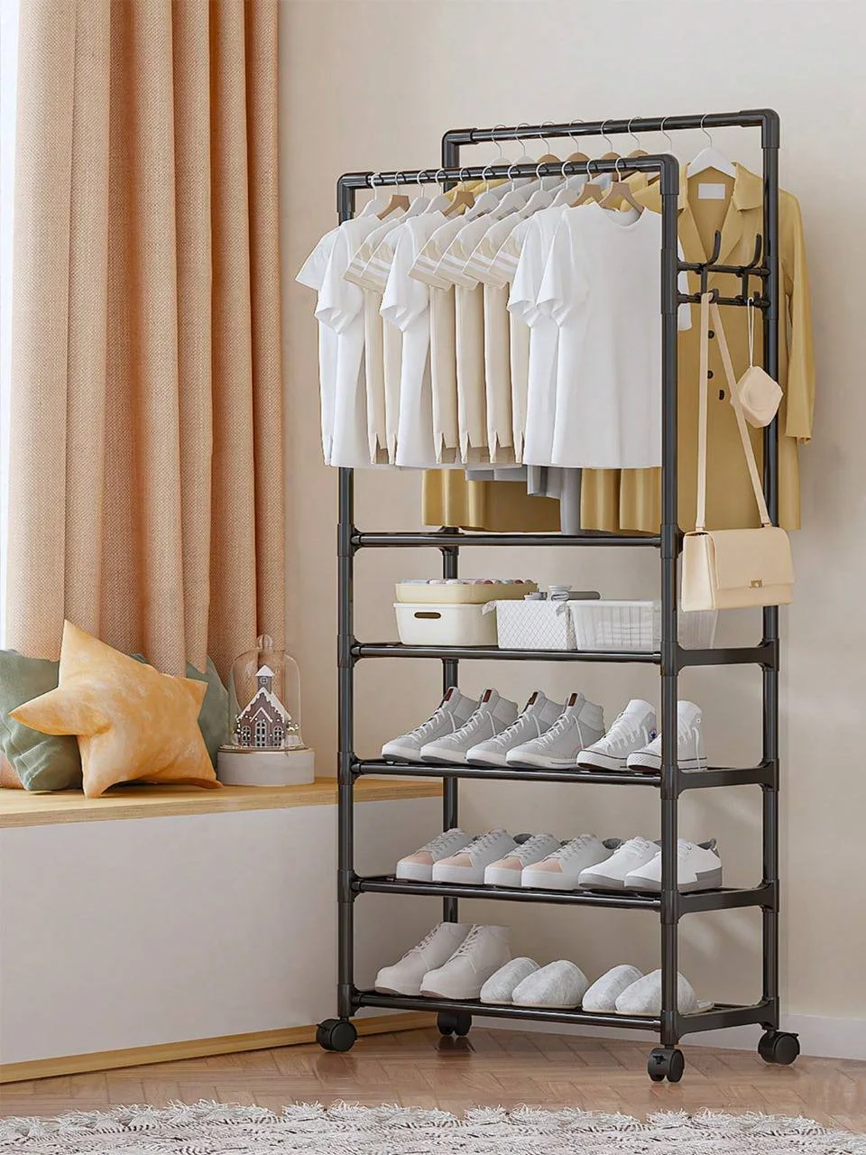 Portant à Vêtements Multifonction avec Étagères – Mobile & Grande Capacité