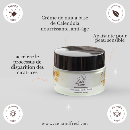 Crème de nuit à base de Calendula, nourrissante, anti-âge | كريم ليلي بمستخلصات الجمرة الحمراء