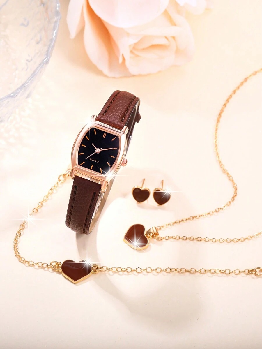 Ensemble de bijoux, montre Elegant Chic en forme de cœur tabac