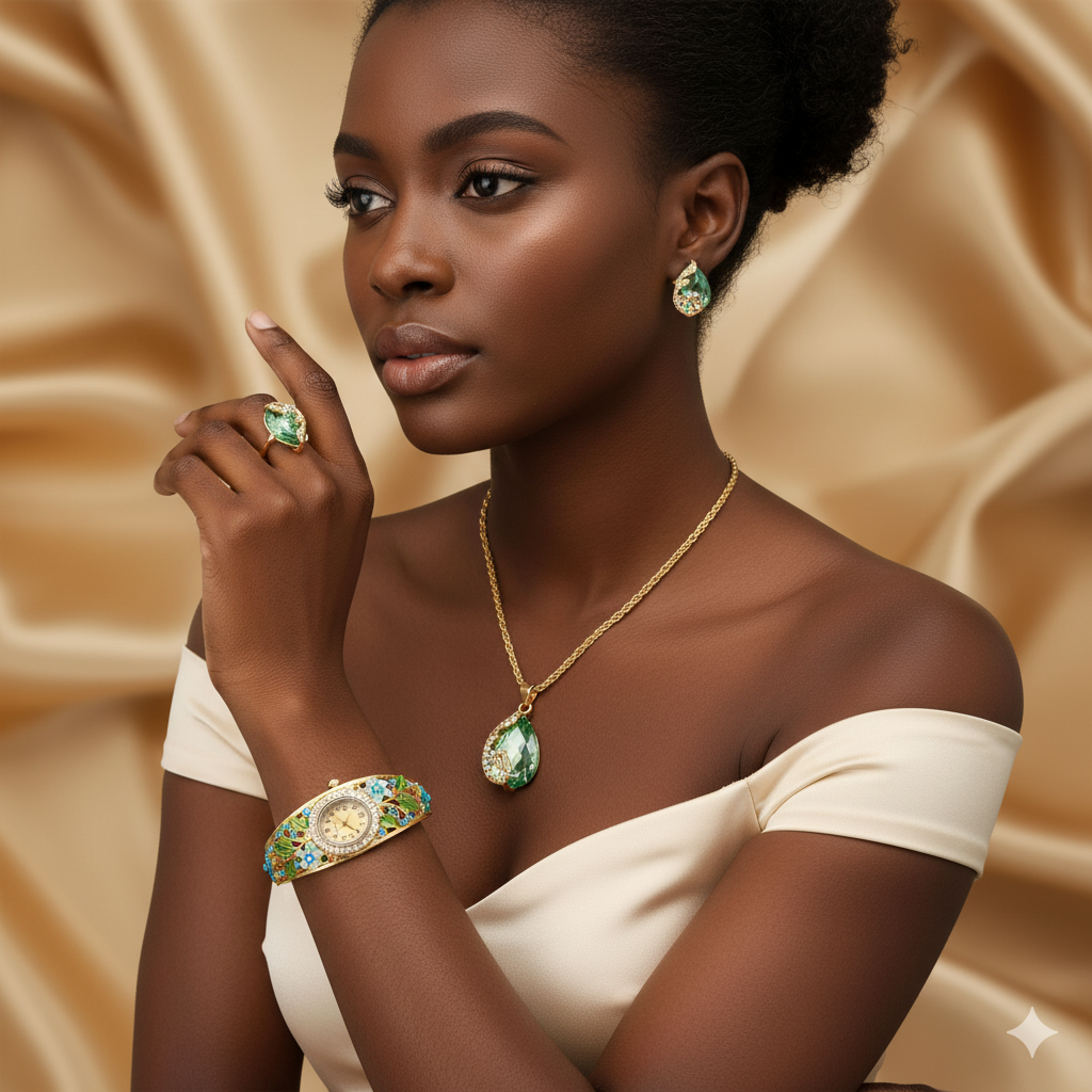 Coffret Luxe 4 pieces Montre de luxe dorée avec cristaux étincelants