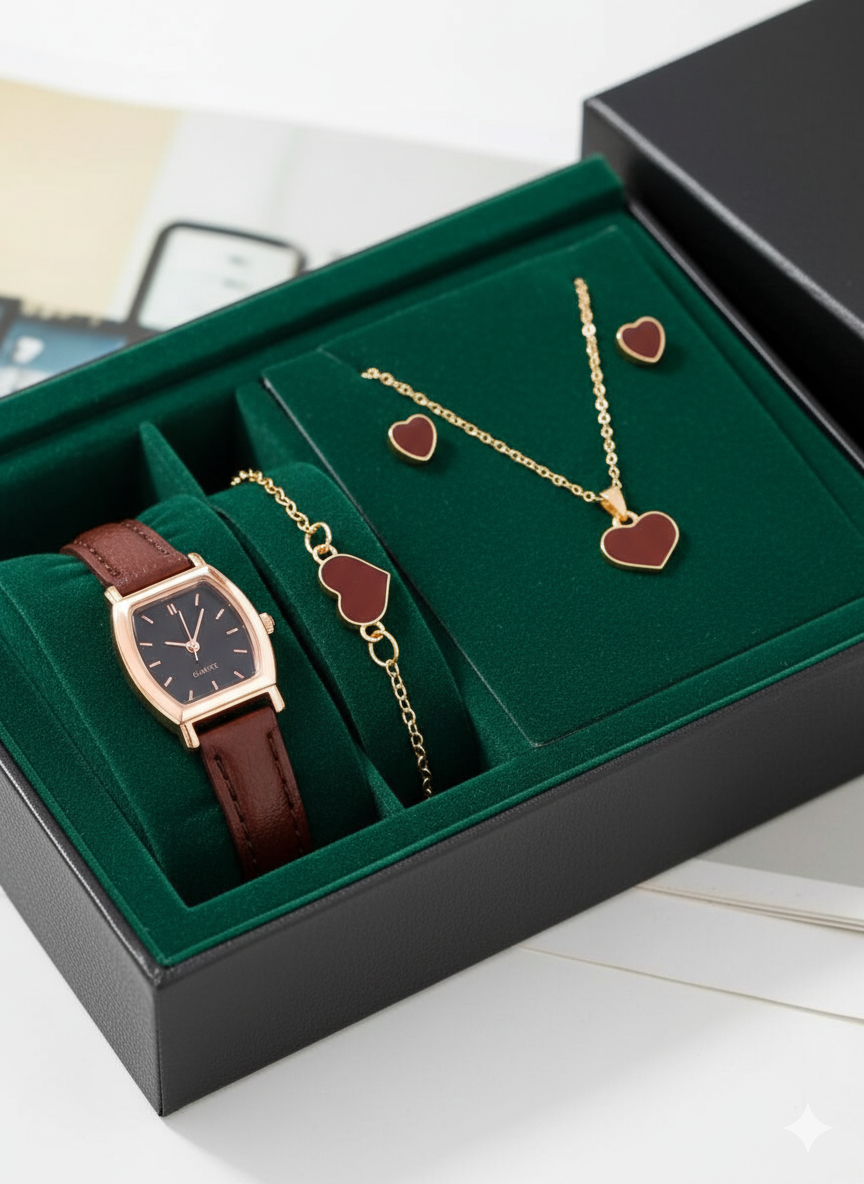 Ensemble de bijoux, montre Elegant Chic en forme de cœur tabac