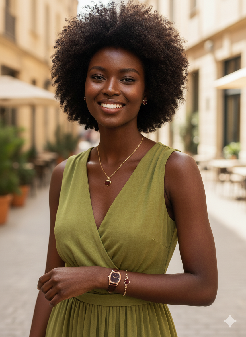 Ensemble de bijoux, montre Elegant Chic en forme de cœur tabac