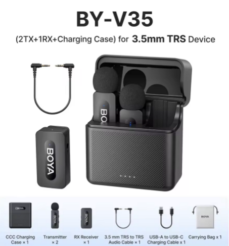 BOYA BY-V3 ميكروفون لاسلكي Lavalier ذو طية صدر السترة مزود بخاصية إلغاء الضوضاء وقابل لإعادة الشحن لكاميرا iPhone وAndroid والبث المباشر ومدونات الفيديو