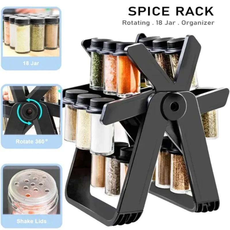 رف توابل دوار بـ 18 وعاء زجاجي - تصميم عصري عملي