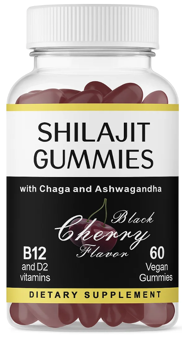 Shilajit Gummies – Black Cherry Flavor with Chaga & Ashwagandha | B12 + D2 | 60 Vegan Gummies