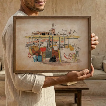 Tableau Décoratif Urbain – Marrakech Market Scene | Hand-Drawn Illustration, Morocco Wall Art (30x40 cm, Dark Brown Wood Frame)