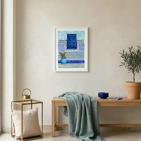 Tableau décoratif aquarelle: Blue Window – Zellige | Architectural Watercolor Poster, Morocco Wall Art, Urban Sketch (30x40 cm)