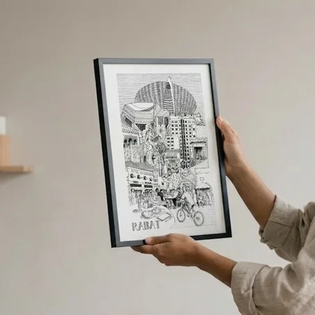 Tableau Décoratif Urbain – Rabat, The White City | Illustration Urbaine, Hand-Drawn Poster, Morocco Wall Art (30x40 cm)