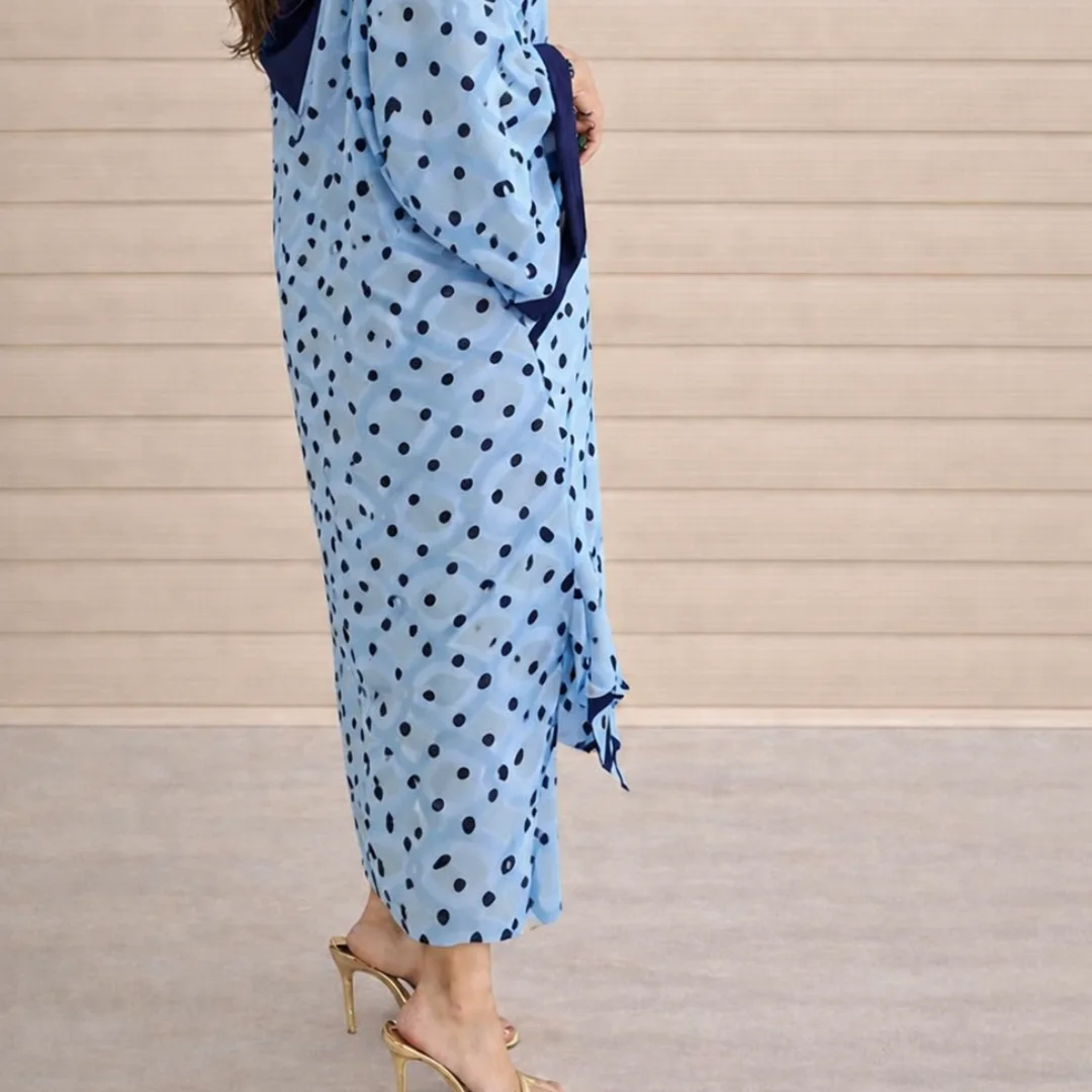Jellaba Élégance une seule piece en mousseline crêpe bleu gris