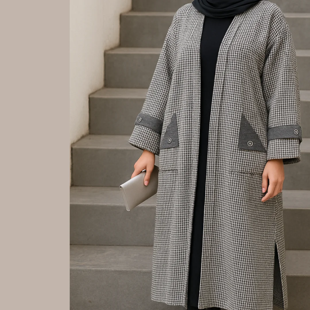 Kimono manteau Long Hiver – Motif Pied-de-poule & Détails Contrastés