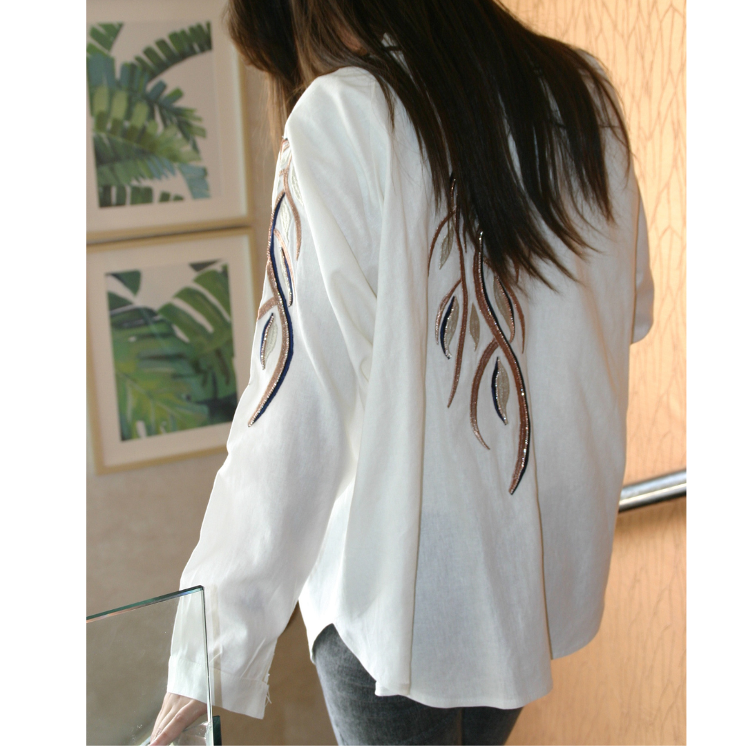 Cardigan chemisier kimono en 100% Lin brodé