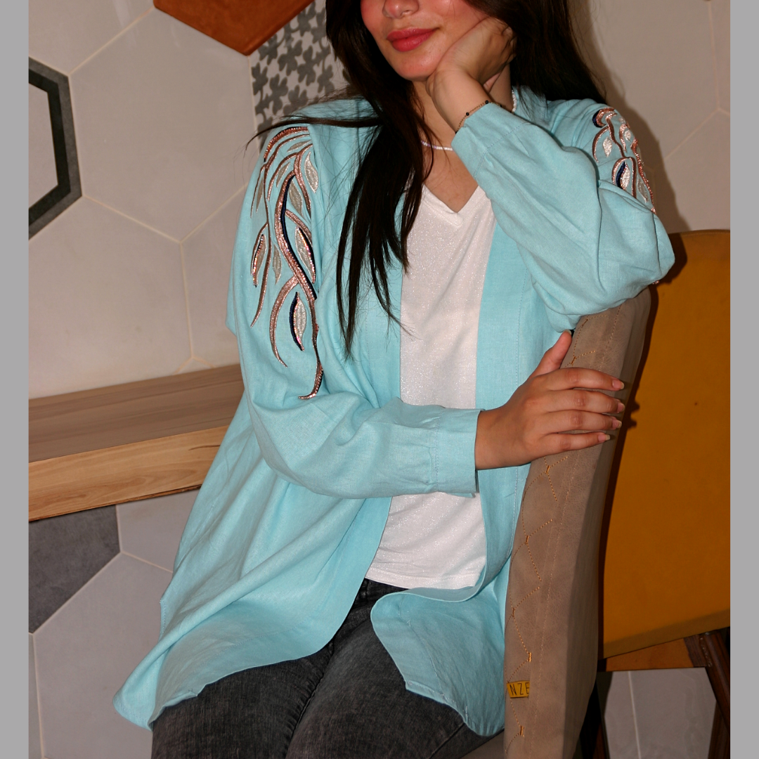 Cardigan chemisier kimono en 100% Lin brodé