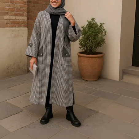 Kimono manteau Long Hiver – Motif Pied-de-poule & Détails Contrastés