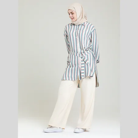 Ecovero Beige striped Blouse with Palazzo Beige Pant