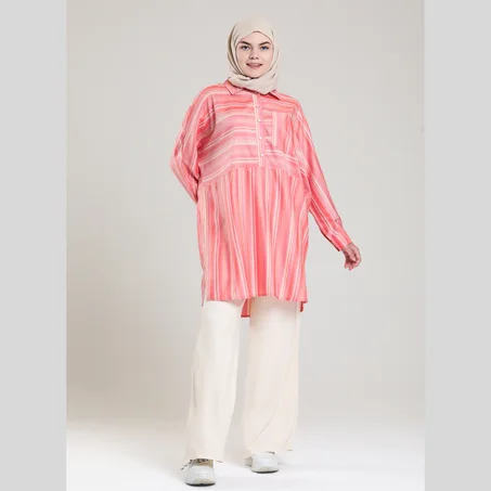 Pink Striped Blouse with Palazzo Beige Pant