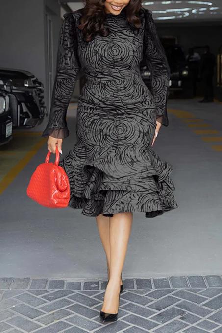 فستان نسائي مطبوع لفصل الربيع والخريف، فستان أنيق بياقة دائرية، فستان نسائي كاجوال بكشكشة وشبكة، فستان أنيق للمكتب