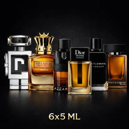 Pack 6 x 5 ML ( Paco Rabanne Phantom edt + Jean Paul Gaultier Scandal Absolu + Azzaro The Most Wanted Parfum + Dior Homme Intense + Givenchy Gentleman edp + Dolce&Gabbana The One edp )