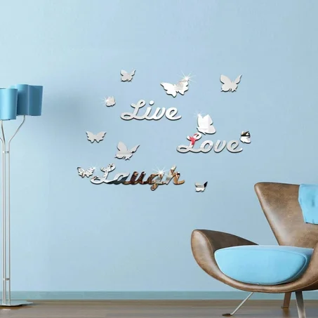 Sticker mural miroir design papillon l LIVE LOVE LAUGH ديكور ملصق الحائط شكل الفؤاشة