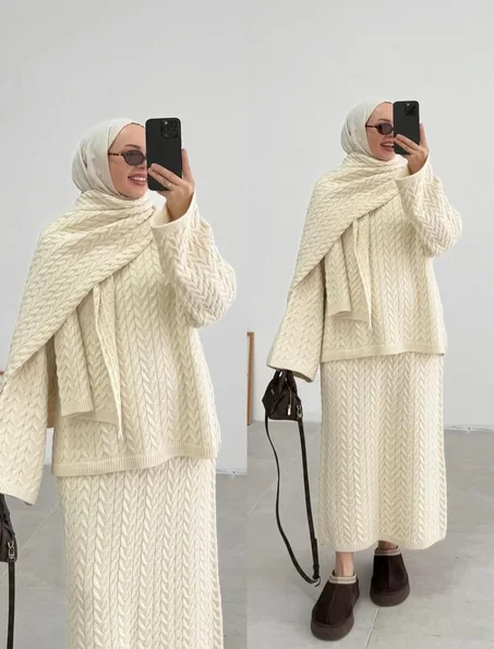 Chic & Cozy – Ensemble 3 Pièces en Maille Torsadée