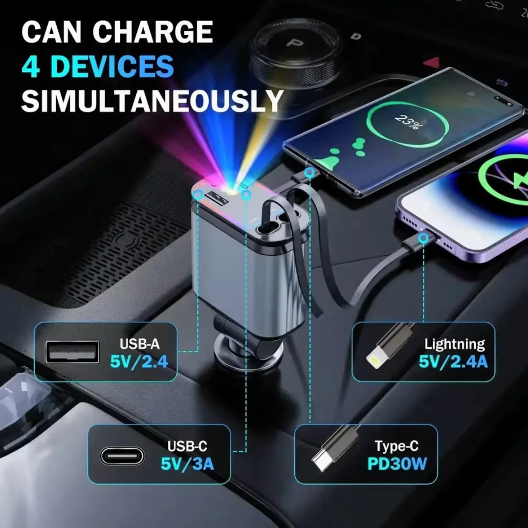 شاحن السيارة الذكي 4 في 1 - قوة 66 واط وشحن سريع لجميع الهواتف 🚀
