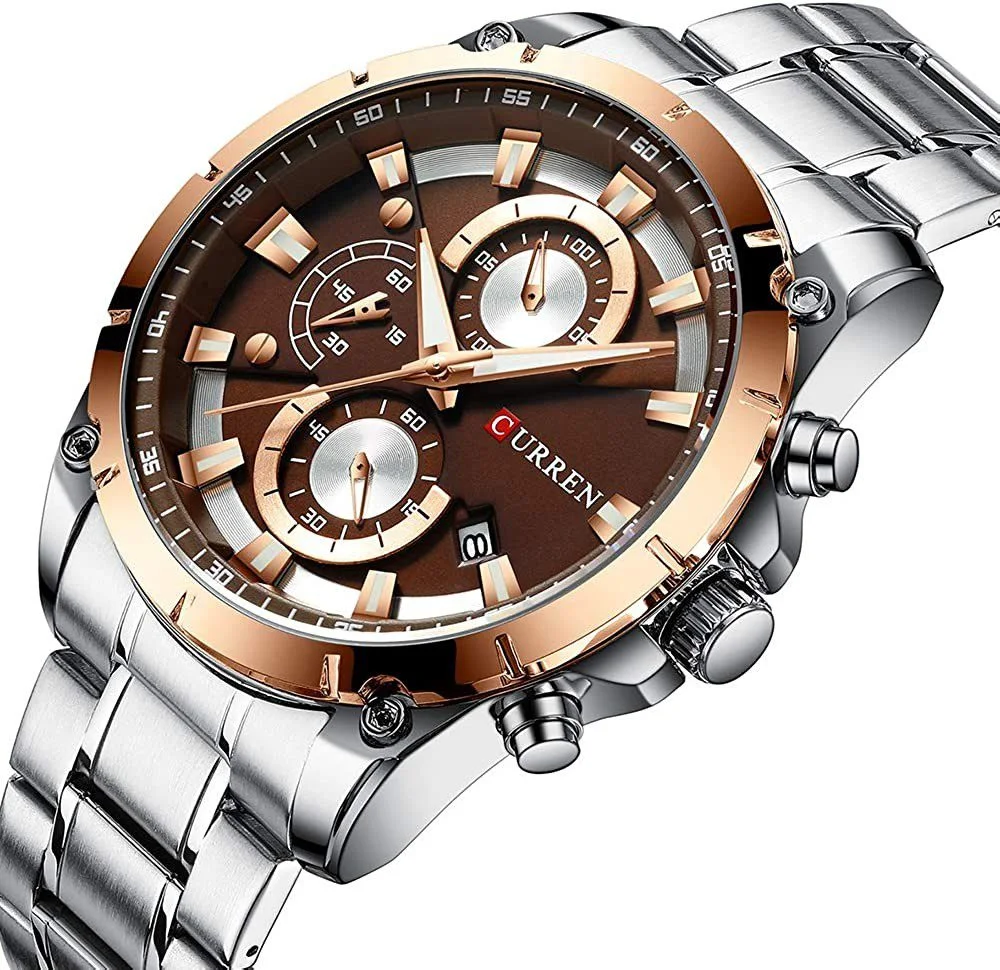 Curren Montre 8360 pour homme avec bracelet en acier inoxydable argenté et cadran marron