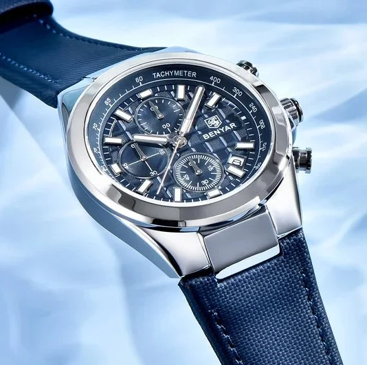 Benyar Montre BY-5206 chronographe à quartz pour homme avec bracelet en cuir bleu et boîtier argenté