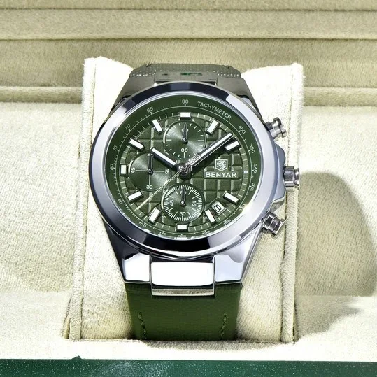 Benyar Montre chronographe à quartz BY-5206 pour homme avec un cadran vert et un bracelet en cuir