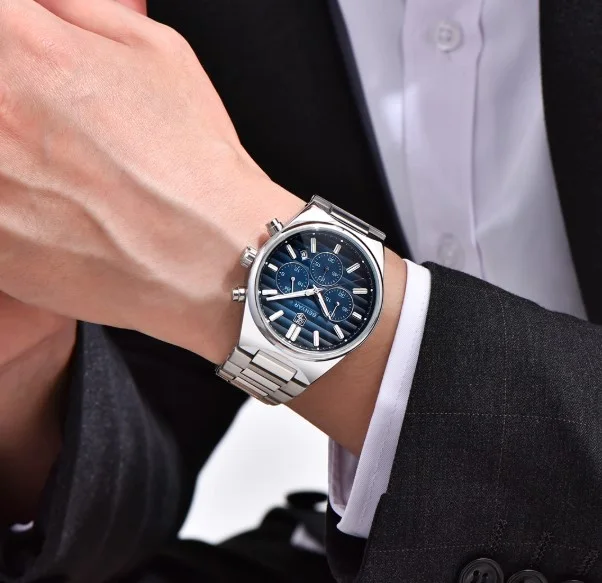 Benyar Montre homme BY-5214 à quartz - chronographe - montre-bracelet analogique - argenté bleu