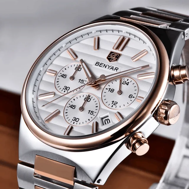 Benyar Montre homme BY-5214 à quartz - calendrier - date automatique - argenté blanc