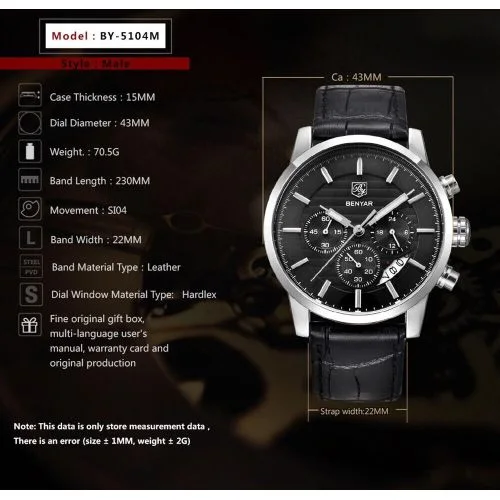 Benyar Montre Classique Originale Homme BY-5104 Noir