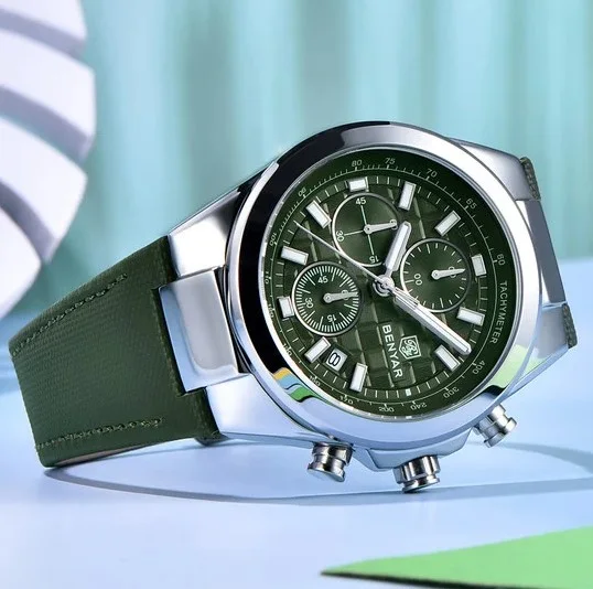 Benyar Montre chronographe à quartz BY-5206 pour homme avec un cadran vert et un bracelet en cuir