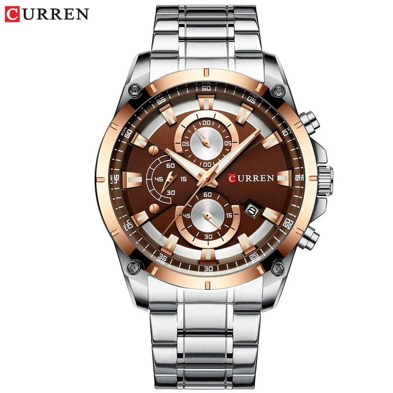 Curren Montre 8360 pour homme avec bracelet en acier inoxydable argenté et cadran marron