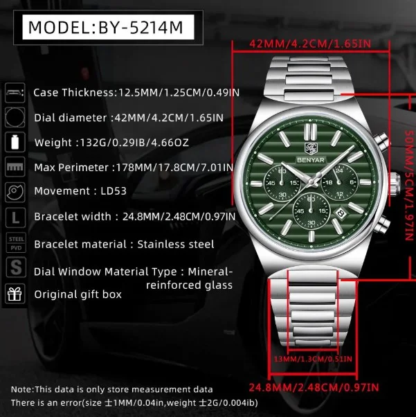 Benyar Montre homme BY-5214 à quartz - argenté vert