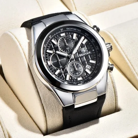 Benyar Montre Homme chronographe à quartz avec bracelet en cuir Noir et boîtier argenté