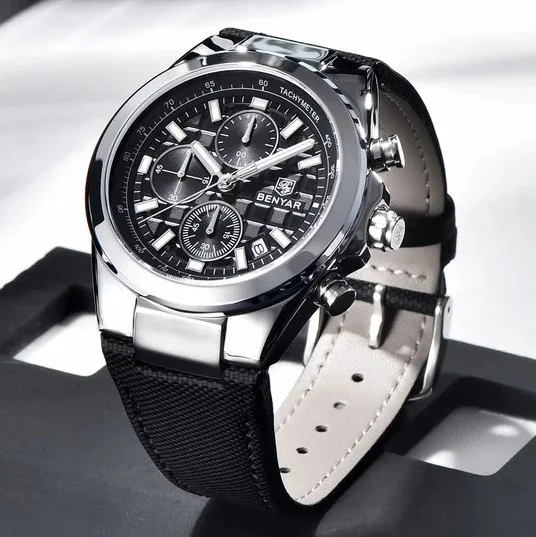 Benyar Montre Homme chronographe à quartz avec bracelet en cuir Noir et boîtier argenté