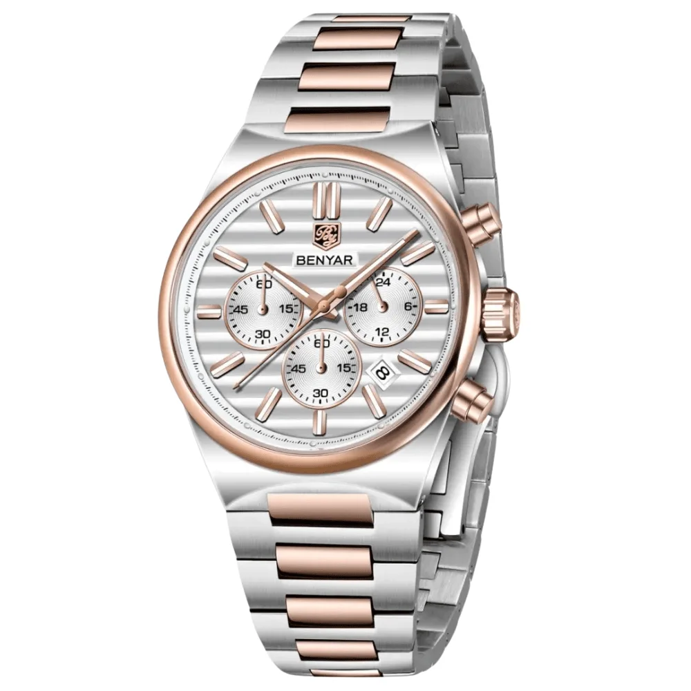 Benyar Montre homme BY-5214 à quartz - calendrier - date automatique - argenté blanc