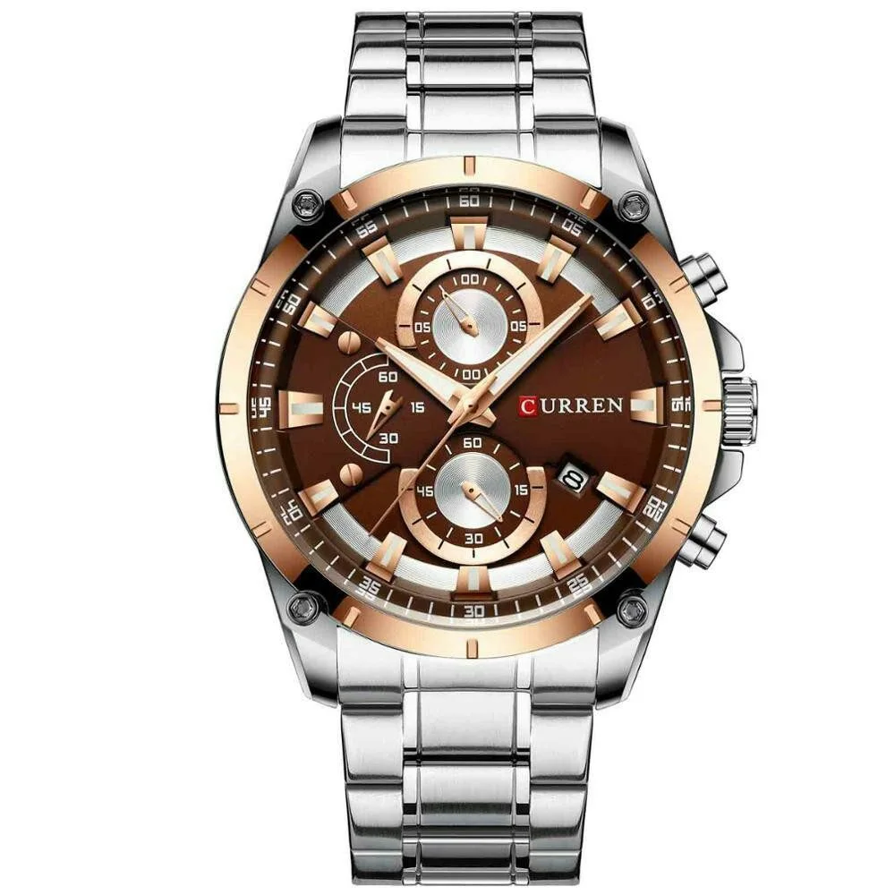 Curren Montre 8360 pour homme avec bracelet en acier inoxydable argenté et cadran marron