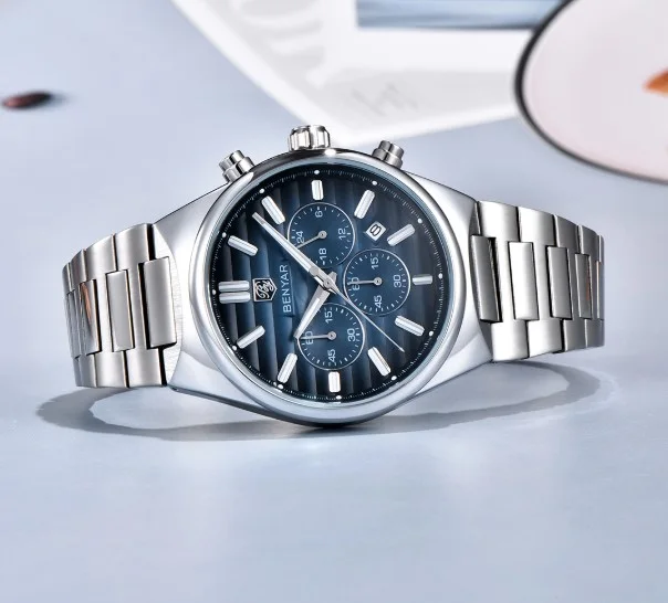 Benyar Montre homme BY-5214 à quartz - chronographe - montre-bracelet analogique - argenté bleu