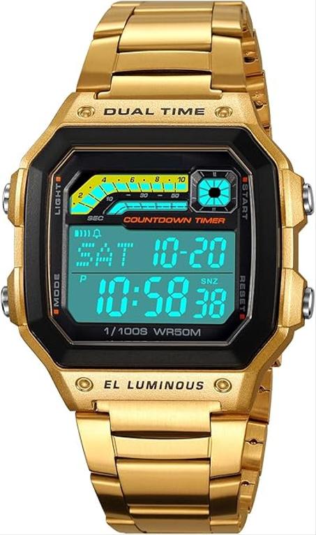 باسوي ساعة رقمية متعددة الوظائف للرجال بتوقيت مزدوج ومنبه وساعة ايقاف وعد تنازلي واضاءة خلفية مقاومة للماء