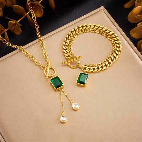 Green Crystal Teardrop Tassel Set