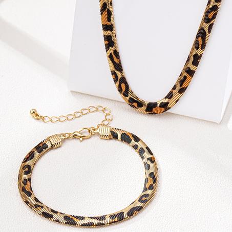 Leopard Print Snake Chain Bracelet Necklace Set
