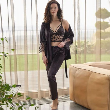 Ensemble 3 pieces Velour dentelle Noir